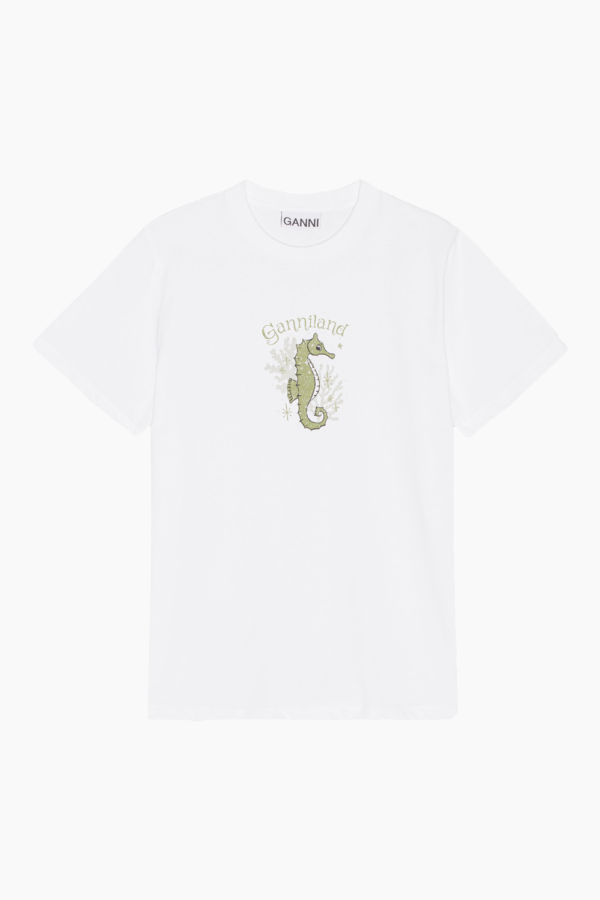 Basic Jersey Green Seahorse Relaxed T-shirt T3635 - Bright White - GANNI - Hvid S