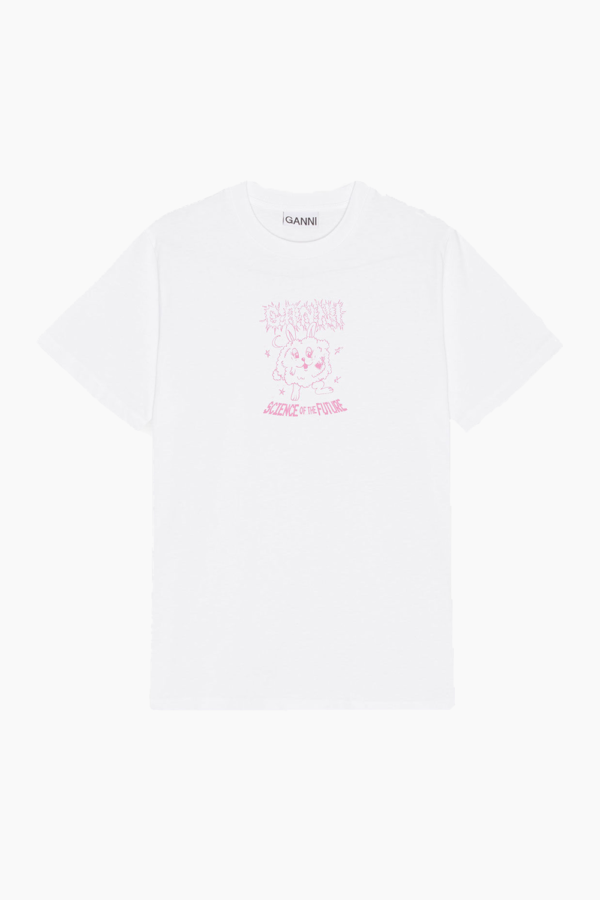 Basic Jersey Pink Bunny Relaxed T-shirt - Bright White - GANNI - Hvid XS