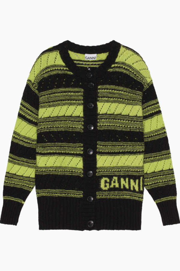 Organic Wool Cardigan Striped K1892 - Black - GANNI - Sort XS