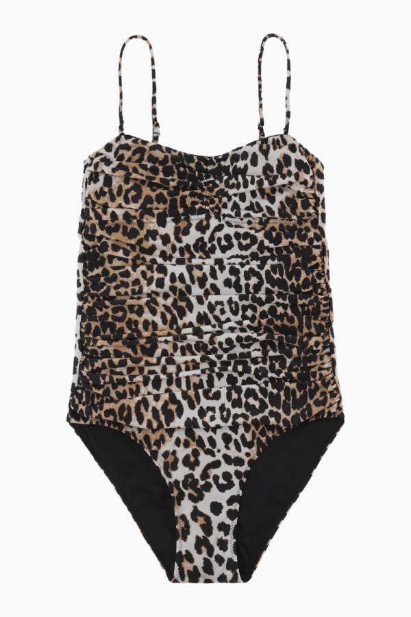 Recycled Core Printed Gathered Swimsuit - Leopard - GANNI - Leopard S