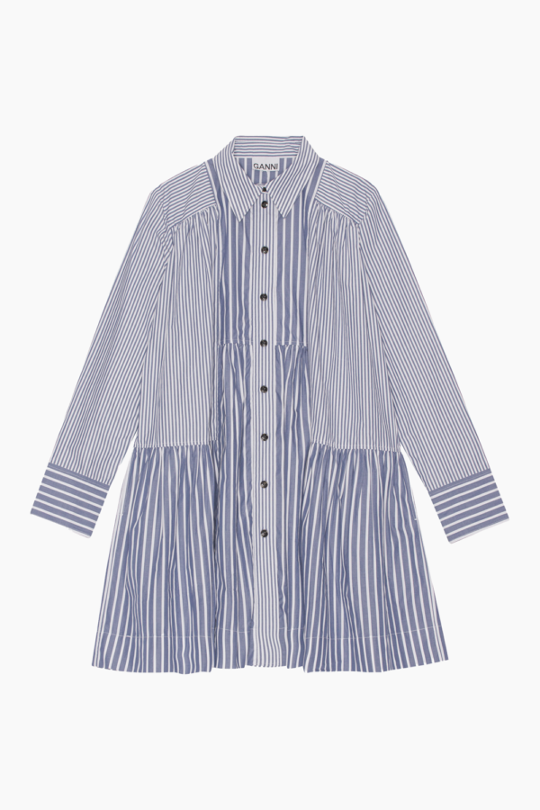 Stripe Cotton Wide Mini Shirt Dress - Gray Blue - GANNI - Blå XS
